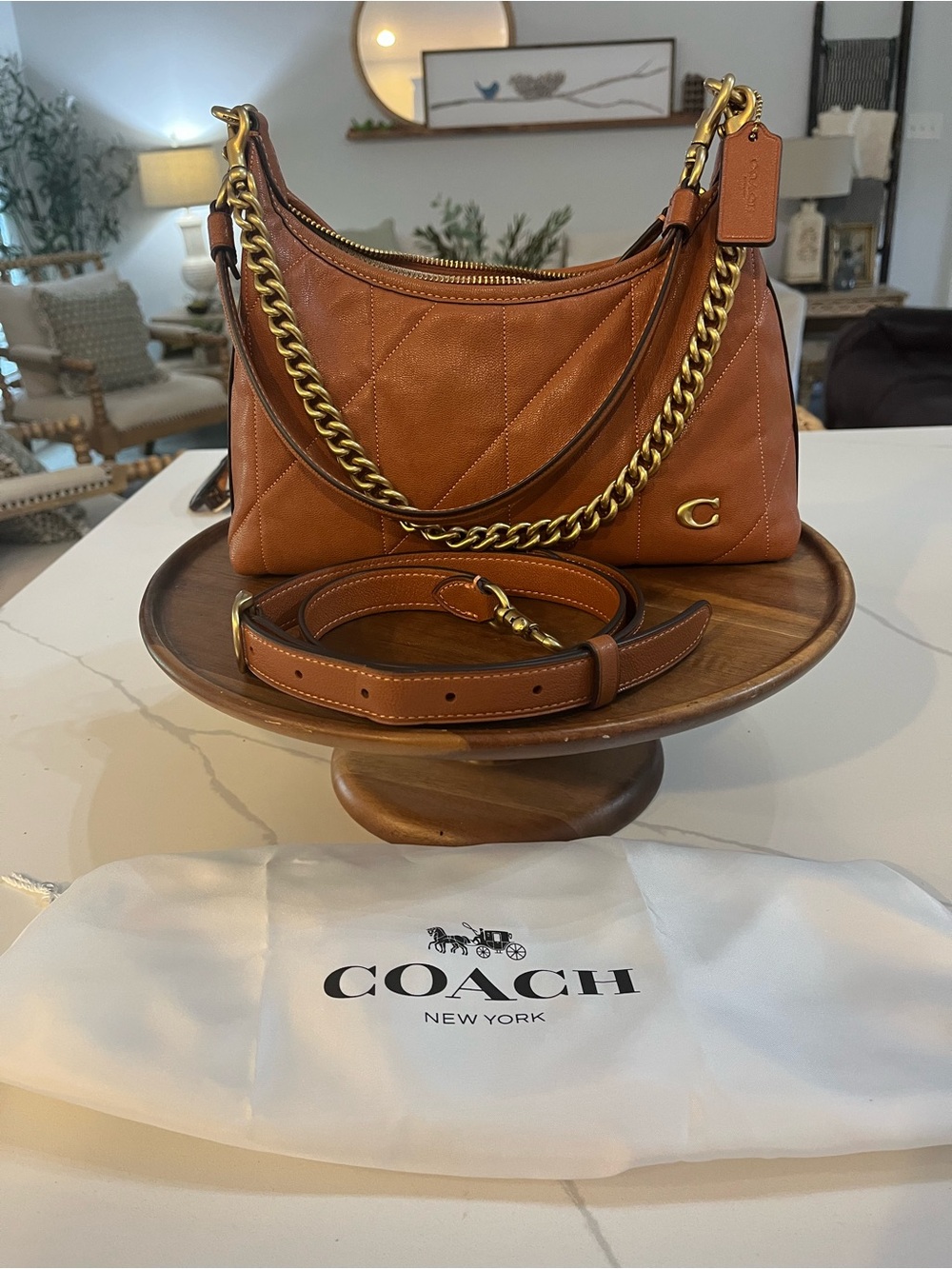 Coach Tan Quilted Leather Shoulder Bag with Gold Chain